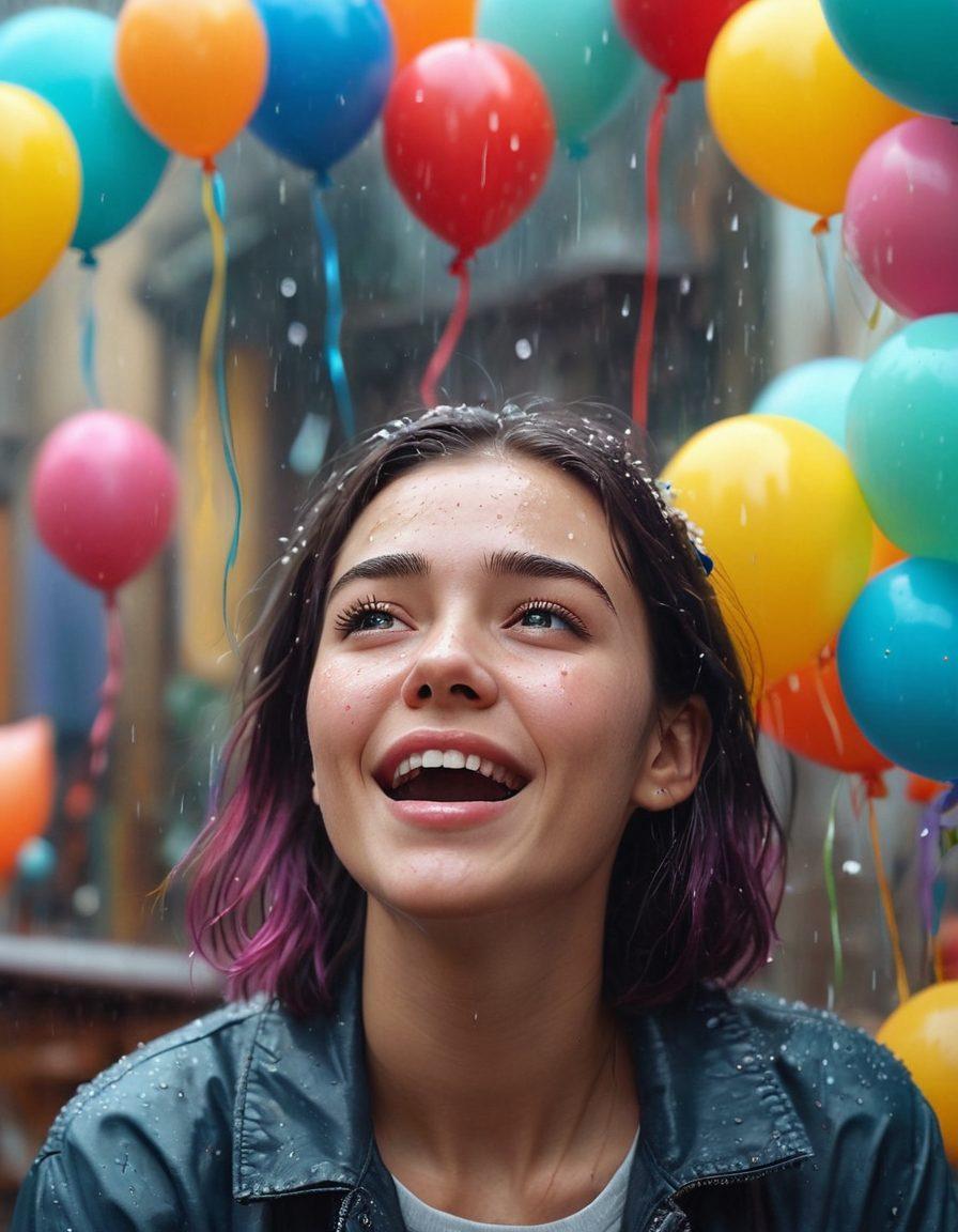 A split-screen scene illustrating contrasting emotions: on one side, a person laughing heartily with tears of joy streaming down their face, surrounded by comical elements like funny animals and humorous balloons; on the other side, a person somberly crying with a sad expression, accompanied by gentle rain and melancholic imagery such as wilted flowers. The background transitions from bright, vibrant colors to soft pastel shades to enhance the emotional contrast. super-realistic. vibrant colors.