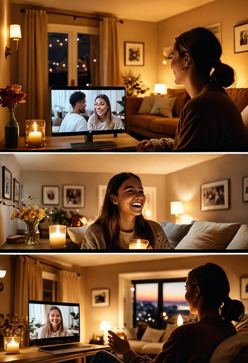 A split-screen image showcasing a person laughing while watching a funny video on one side, and on the other side, the same person with a reflective expression watching a heartfelt clip. The background should be a cozy living room setting with soft lighting. Elements of humor like cartoons or funny memes should float around the laughter side, whereas comforting objects like flowers or a candle should adorn the reflective side. Super-realistic. Warm tones. Cozy atmosphere.